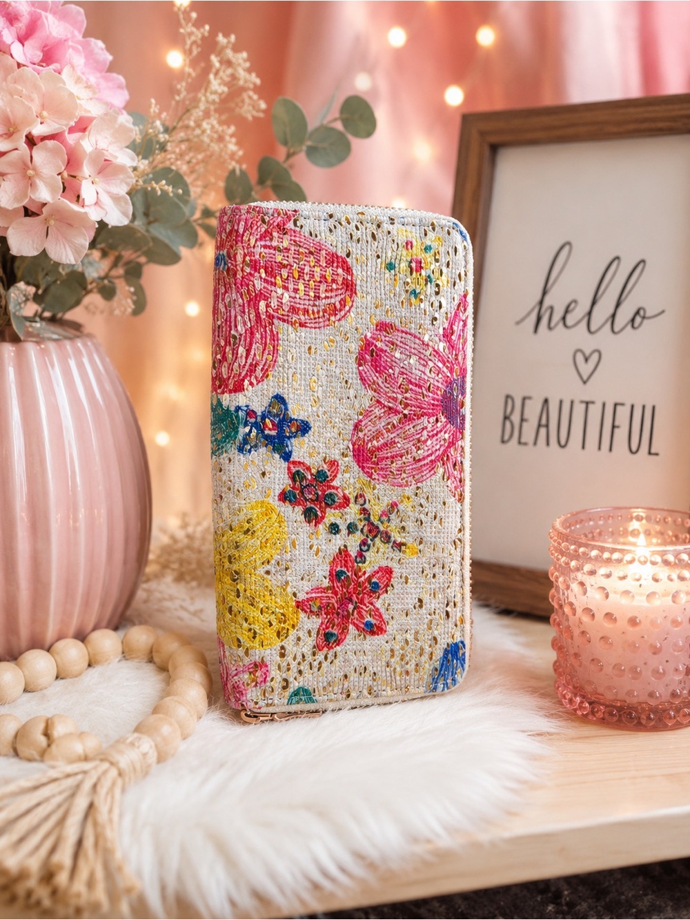 Floral Glitter Folio Phone Case - Pink & Multicolor